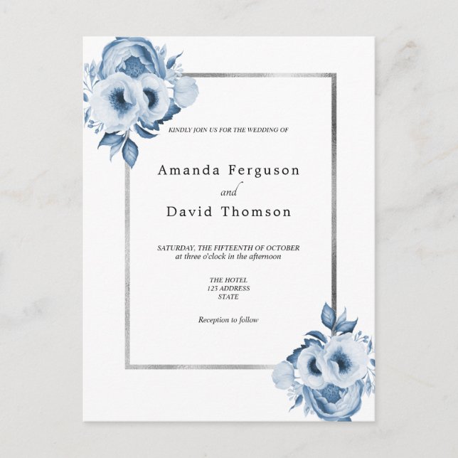 Azul, cor-de-prata branca, convite para o casament (Frente)