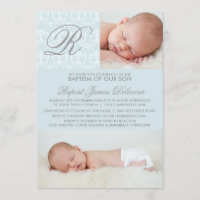 Azul Damask Monograma Baptism Foto Convite