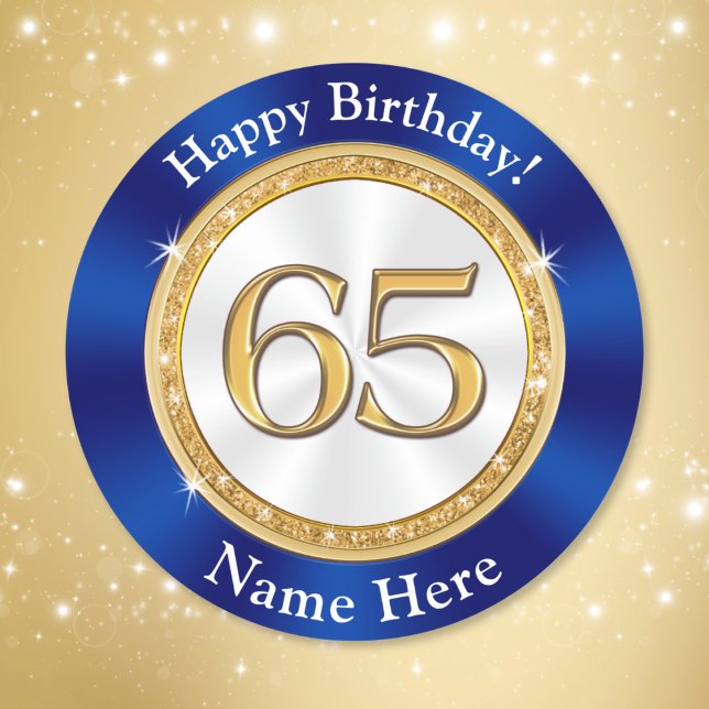 Azul de apphire barato, 65.º adesivos de aniversár (65th birthday stickers. 65th envelope stickers. 65 year birthday stickers. Blue and Gold Stickers.)
