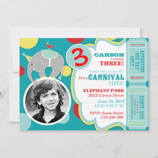 Azul de Convite para Aniversário de Elefante Circo (Frente)