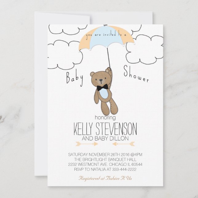 Azul do bebé do convite do urso de ursinho do chá (Frente)