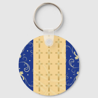 Azul, Dourado, Cruz Cristã, Favor Damask Chaveiro