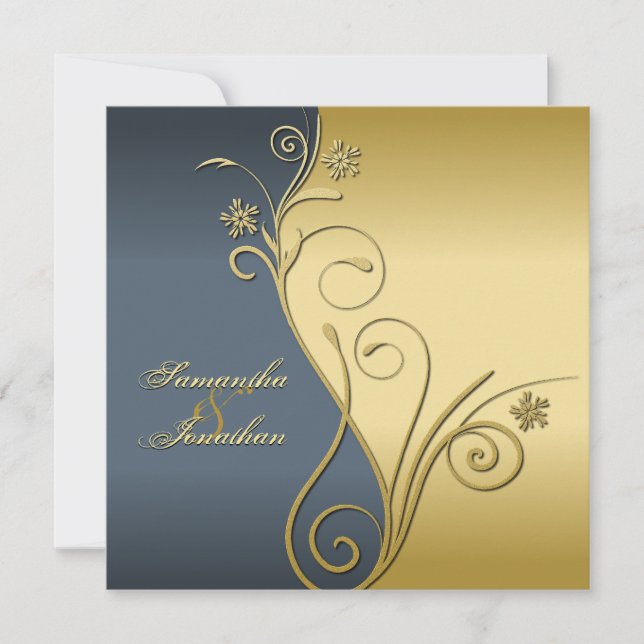 Azul Dourado Floral Azul de Convite de Casamento (Frente)