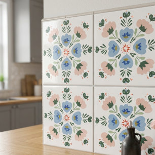Azul e Bege Floral Arte Popular Decoração Cerâmica