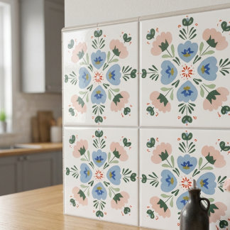 Azul e Bege Floral Arte Popular Decoração Cerâmica