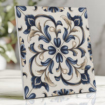 Azul e Bege Floral Scroll Vintage
