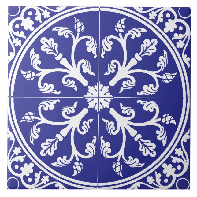 Azul e Branco Abstrato Botânico Círculo Vintage (Frente)