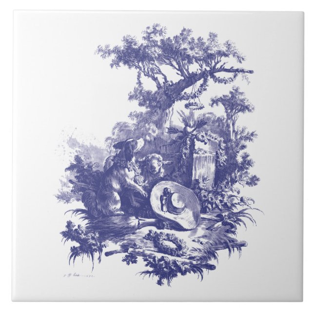 Azul e Branco Barroco Cão Rococó e Paisagem Ovina (Frente)