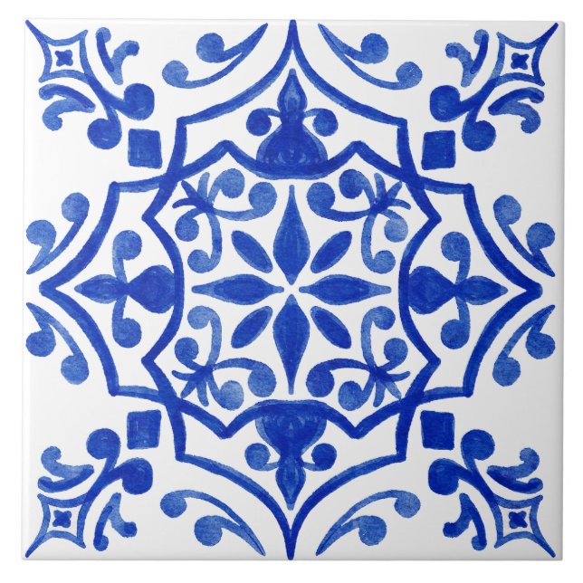 Azul e branco, com padrão de aquarela mediterrânic (Frente)