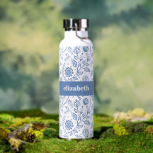 Azul e Branco Floral Nome Personalizado Botânico M