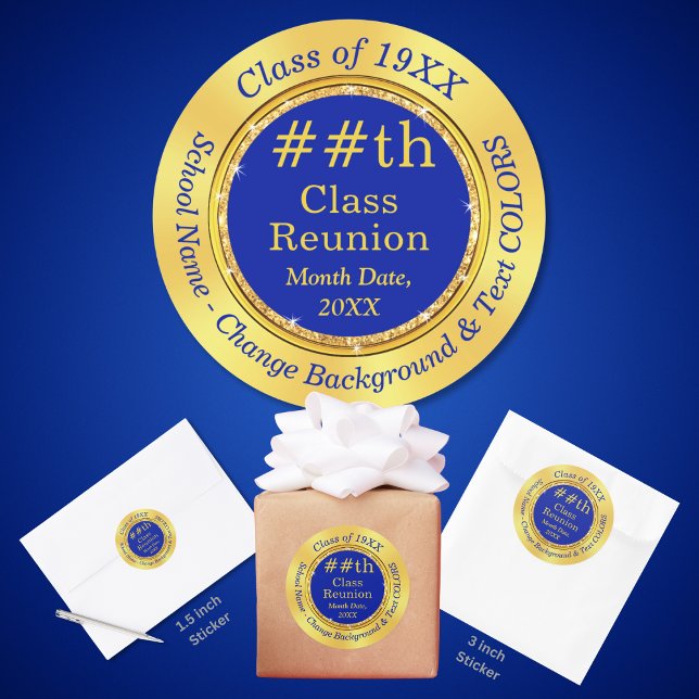 Azul e Dourado, 50.ª classe de adesivos (Class Reunion Stickers. 50th Class Reunion Stickers. Class reunion party supplies. Blue and Gold.)