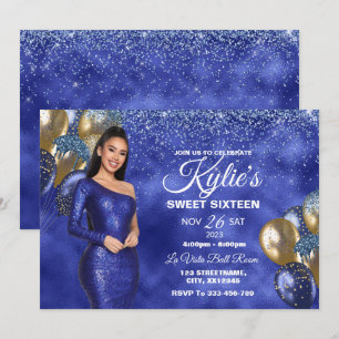 Azul e Dourado Doce 16 Menina Convite de Aniversár