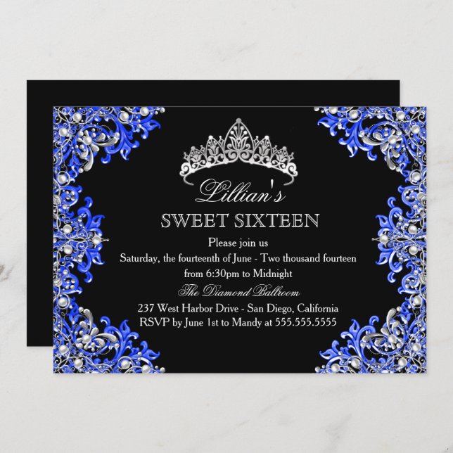 Azul e Negro Damasco Tiara Sweet 16 Convite (Frente/Verso)