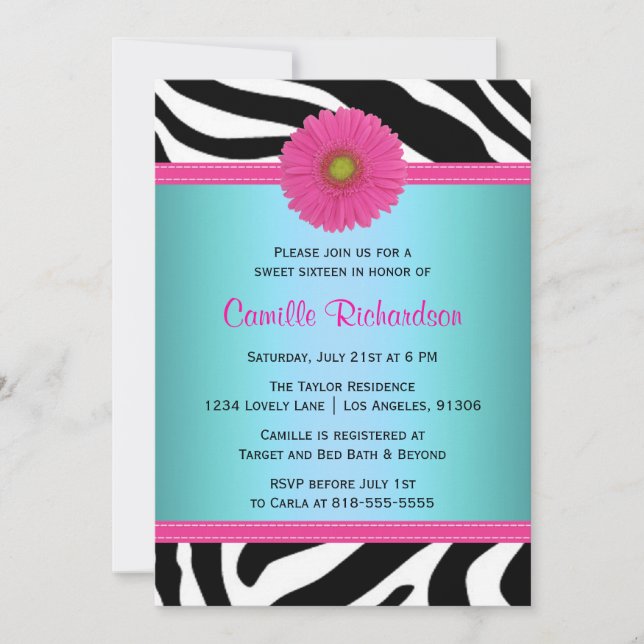 Azul e Rosa, Zebra Sweet 16 Convite (Frente)