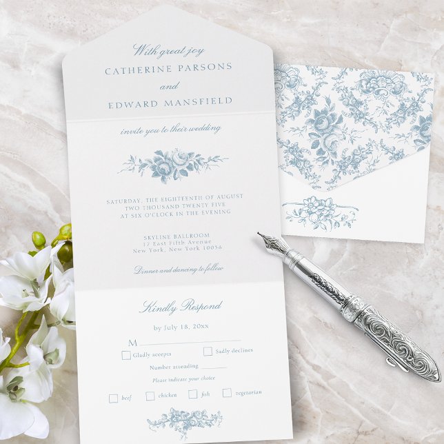 Azul Elegante Clássico e Toile Floral Branco (Criador carregado)