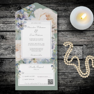 Azul Elegante e Beige Floral no Código QR Verde Sa