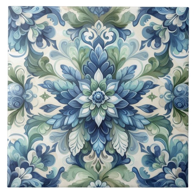 Azul Elegante e Ornamento Floral Verde Floreado (Frente)