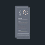 Azul elegante moderno com menu de mesa cardíaca ro<br><div class="desc">Mesa de mesa superior da recepção de casamento moderna Sinal de inclinação com grande coração rosa. Deixe seu convidado festa de casamento saber o que está no menu de celebração da recepção de casamento com este design de menus minimalista com tipografia elegante branca e rosa rústica e um grande coração...</div>