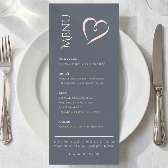 Azul elegante moderno com menu de mesa cardíaca ro (Modern elegant blue with pink heart table menu.)