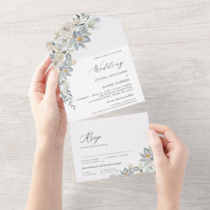 Azul empoeirado e Floral branco Casamento