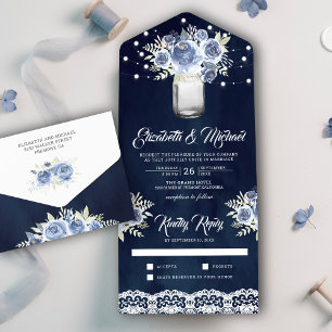 Azul Empoeirado Floral Renda Jarro Mason Casamento