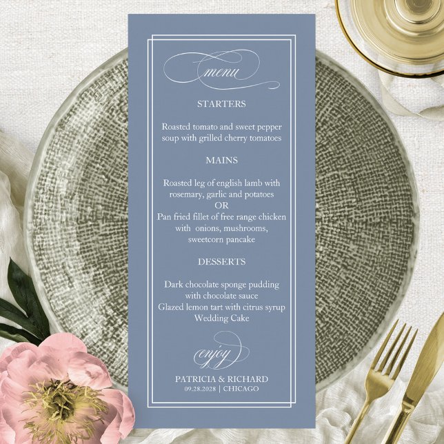 Azul Empoeirado Simples Elegante Menu de Casamento (Criador carregado)