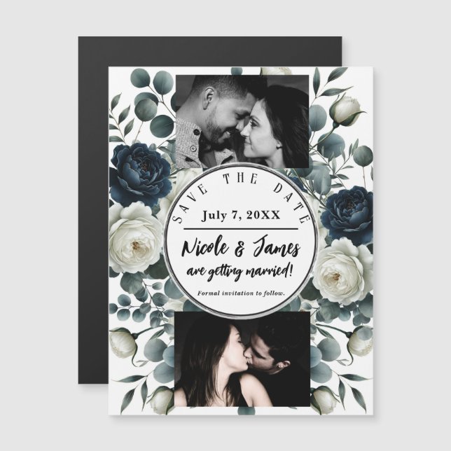 Azul Escuro & Branco Verde Floral Moderno Data de  (Frente/Verso)