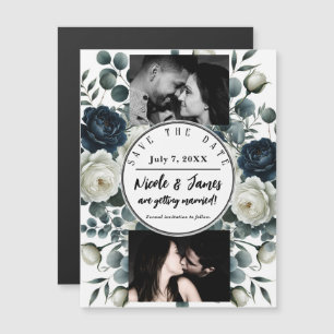 Azul Escuro e Branco Moderno Save Date de Florais