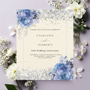 Azul, floral, 25 de prata de prata