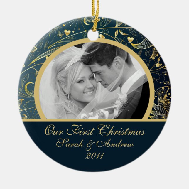 Azul floral Dourado do primeiro ornamento da foto (Frente)