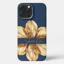 Azul floral e iPhone dourado 13 Caso