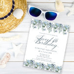 Azul Floral Sueco 16 Convite Aniversário<br><div class="desc">Flores azuis poeirentas criam bordas de cima e de baixo neste elegante convite de aniversário. A caligrafia clássica adiciona um belo toque. Este item é parte da coleção floral de Azul Dusty.</div>