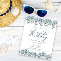 Azul Floral Sueco 16 Convite Aniversário
