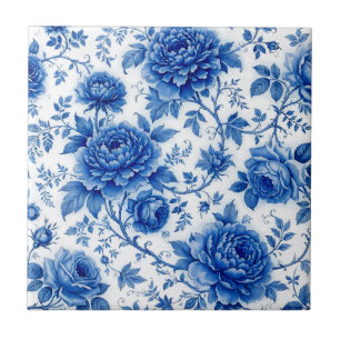 Azul Fluido Flores Rosas Peônias Azul Cobalto Bran