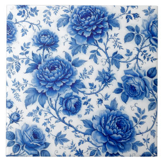 Azul Fluido Flores Rosas Peônias Azul Cobalto Bran