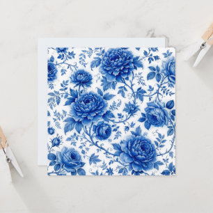 Azul Fluido Flores Rosas Peônias Azul Cobalto Bran