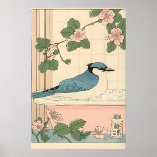 Azul Jay na Impressão de Banheira Arte Japonesa do