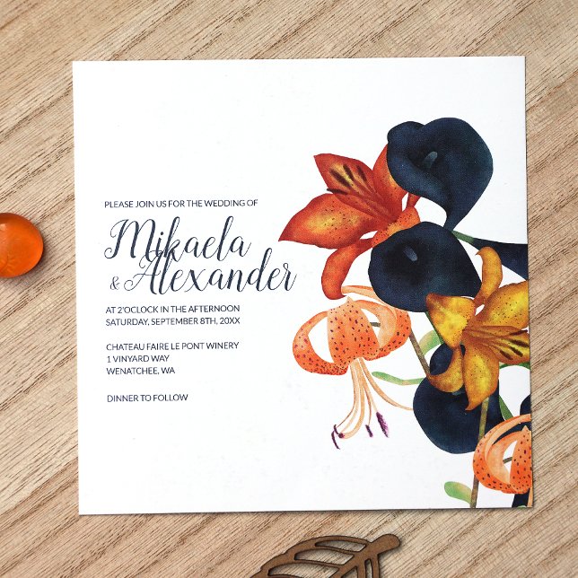 Azul, Laranja, Lírios Dourados, Convite Casamento  (Unique Fall Floral Wedding Invitations, Orange Tiger Lilies and Navy Blue Calla Lilies)