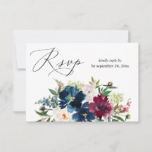 Azul Marinho, Borgonha e Floral Branco com RSVP de