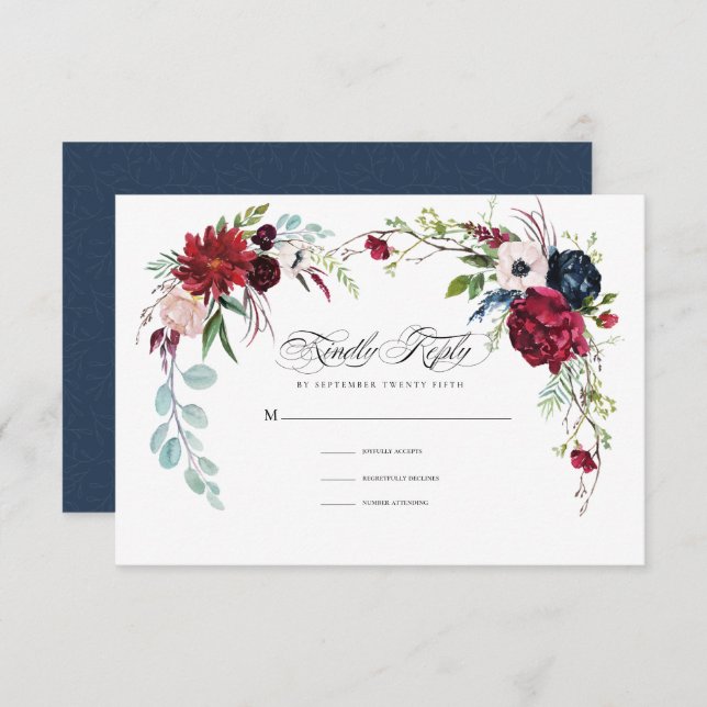 Azul Marinho | Cartão RSVP de Casamento Floral Bur (Frente/Verso)