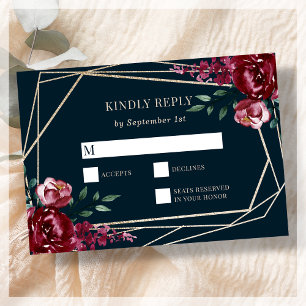 Azul Marinho Cartão RSVP de Casamento Floral Bur