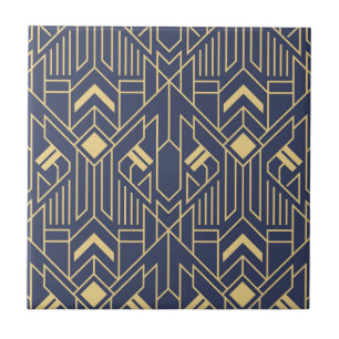 Azul Marinho Dourado Padrão Geométrico Art Déco