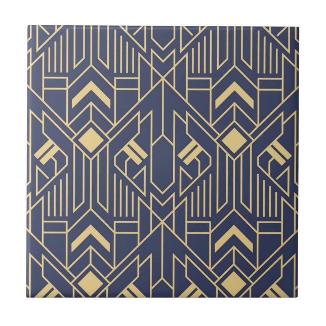 Azul Marinho Dourado Padrão Geométrico Art Déco (Frente)