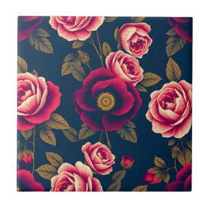 Azul Marinho Floral Vintage Rosas Coral Folhas Dou