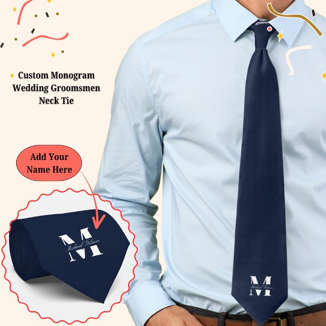 Azul Marinho | Gravata de Noiva com Monograma Pers (Navy Blue | Custom Monogram Wedding Groomsmen Neck Tie)