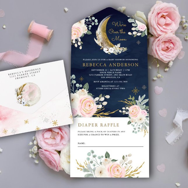 Azul Marinho Rosa Floral Dourado Baby Shower Lua (Criador carregado)
