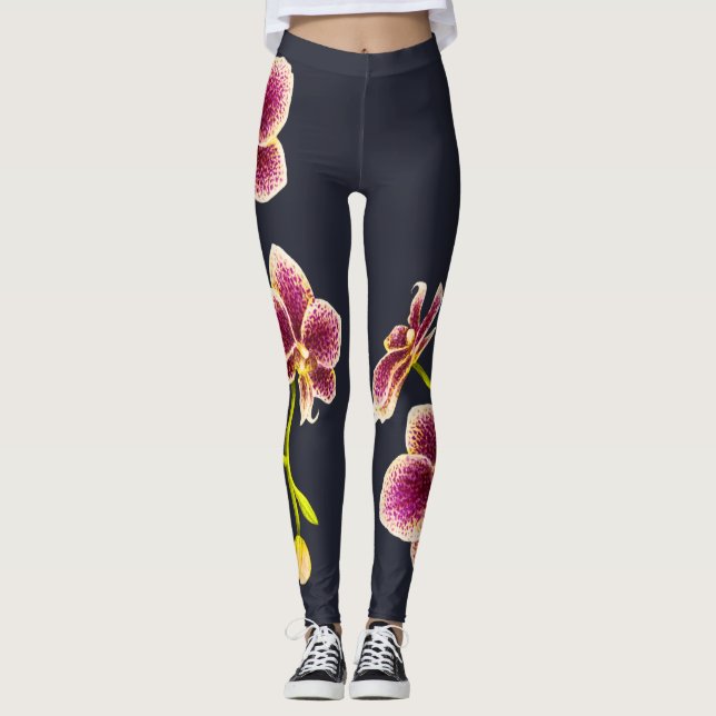 Azul-Meia-Noite, Leggings Orquídeas (Frente)