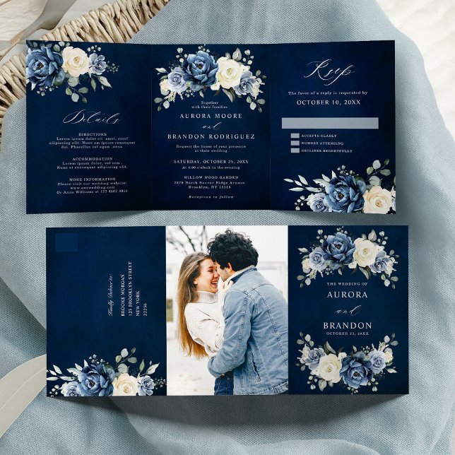Azul Navy Champagne Marfim Floral Dobra Tripla  (Dusty Blue Navy Champagne Ivory Floral Tri-Fold all in one wedding invitation | announcement)