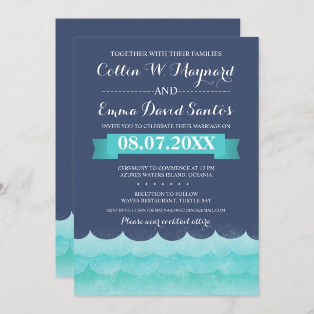 Azul Nos Convites de casamento Marítimos Náuticos (Frente/Verso)