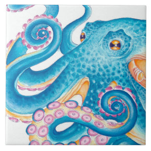 Azul Octopus Kraken Laranja Cor de Água Rosa Azul